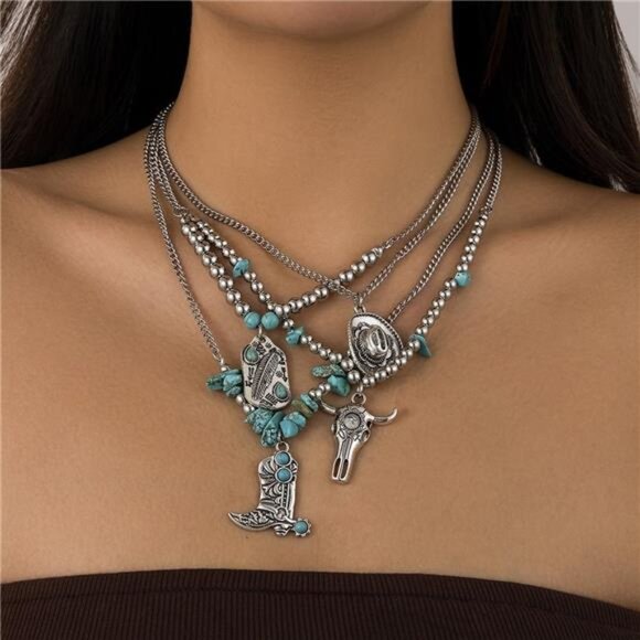 Western Necklaces Tamara Turquoise Beaded Layered Chain Necklaces Boho Style - Picture 7 of 7